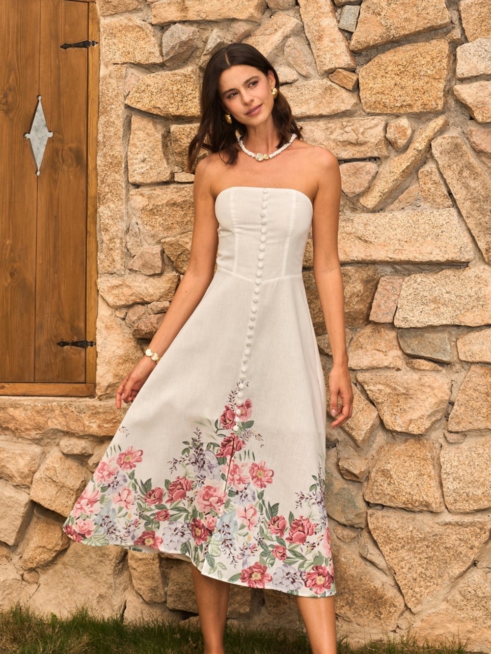 Commense Strapless White Floral Button-Front Midi Dress